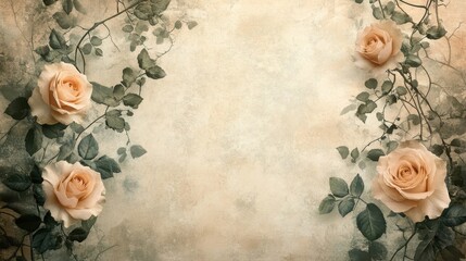 Victorian roses and ivy blending into a worn parchment-like wallpaper backdrop