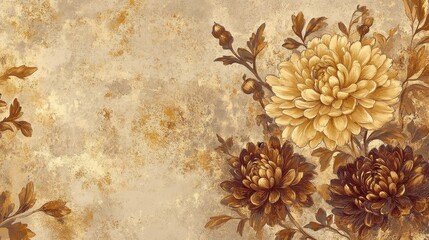 Chrysanthemums in rich gold and maroon blending into a soft sepia wallpaper backdrop