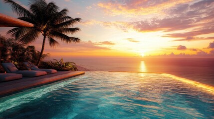 A breathtaking infinity pool overlooking a tropical beach at sunset, symbolizing indulgence, luxury, and peaceful relaxation