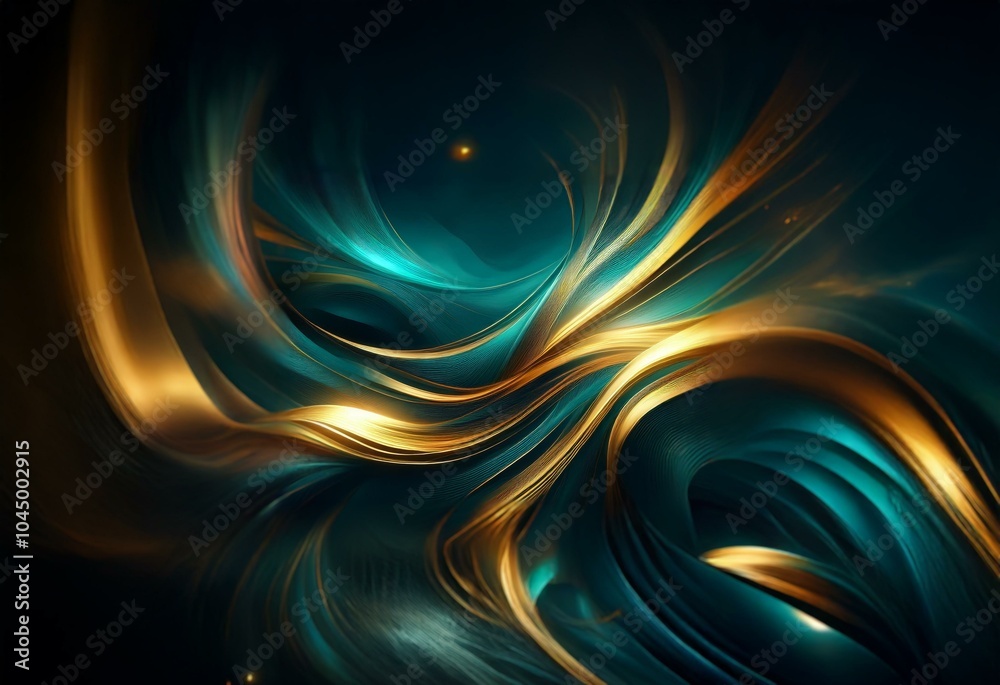 Canvas Prints Abstract teal and gold wavy lines against dark background with subtle glowing points of light.