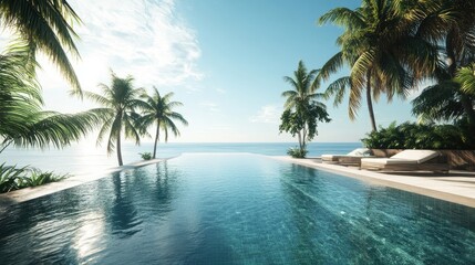 A luxurious infinity pool facing a tropical beach, representing elite indulgence and serene, high-end relaxation