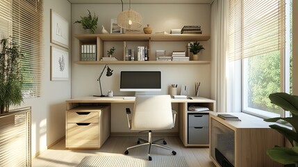 Fototapeta premium A minimalist home office with a large desk, a comfortable chair, and a large window overlooking a garden.