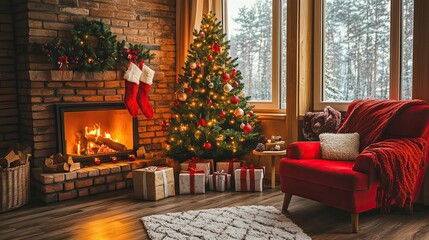 Cozy Christmas Living Room With a Decorated Tree and Warm Fireplace in Winter Evening .