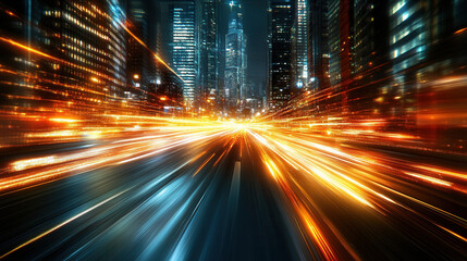 Obraz premium Dynamic cityscape with vibrant light trails from moving vehicles, showcasing neon lit urban environment at night. scene captures energy and motion of city life