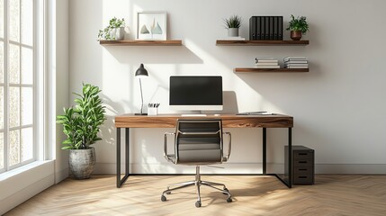 A minimalist home office with a large desk, a comfortable chair, and a large window overlooking a garden.