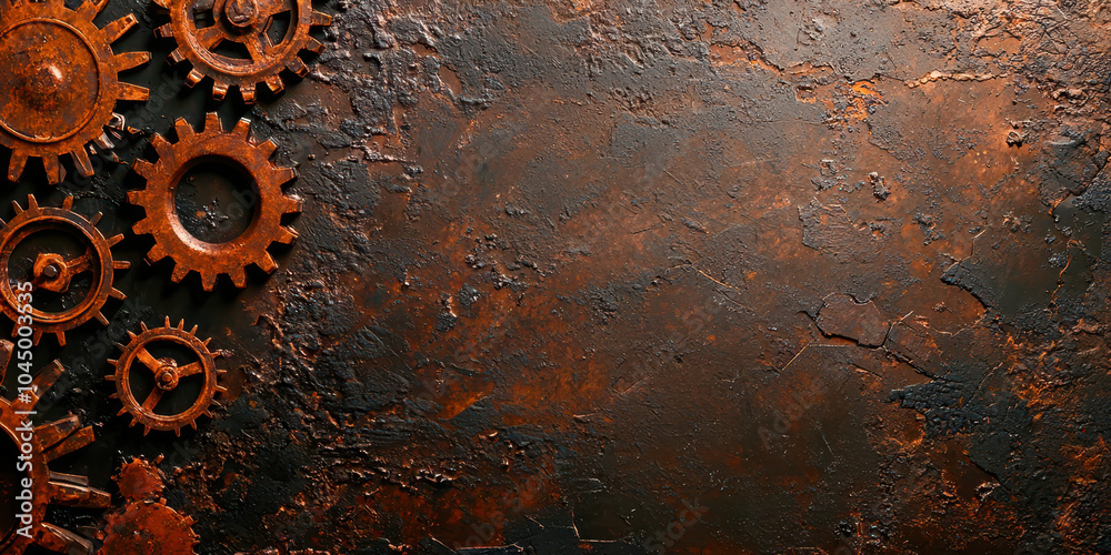 Poster A rusty background with a bunch of gears on it