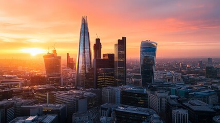 Obraz premium The London skyline at dusk with vibrant pink and orange sky.