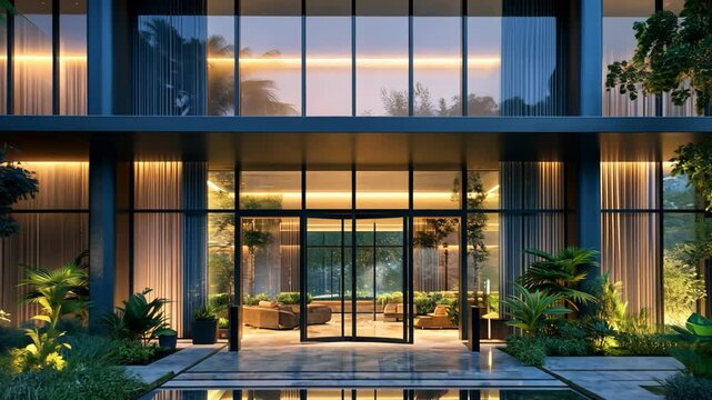 A modern building with a glass facade and a reflecting pool in the evening