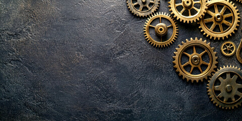 A row of gears are arranged on a black background
