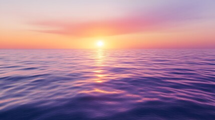 A calm sea at sunset, with the horizon blending into a gradient of purples and oranges, creates an atmosphere that feels serene and peaceful.