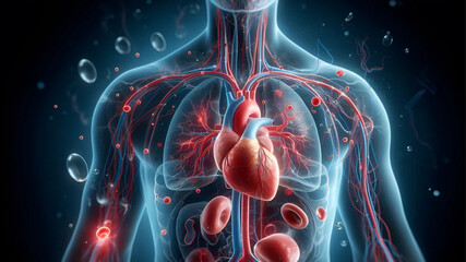 A detailed medical diagram illustrating the human heart, highlighting blood flow.
