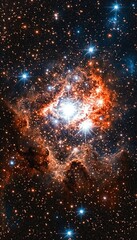 Fototapeta premium A vibrant nebula shines with a bright, white core surrounded by swirling orange and red gas. Tiny, twinkling stars fill the black background.