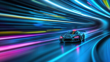 Fototapeta premium sleek racing car speeds through vibrant neon lit tunnel, creating dynamic sense of motion and excitement. colorful lights blur in background, enhancing thrilling atmosphere