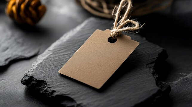 Blank brown tag with string on black slate.