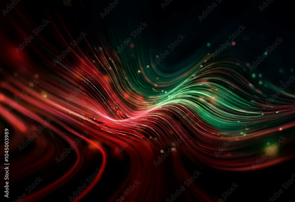 Poster Abstract wave pattern of red and green lines on a black background with bright lights.