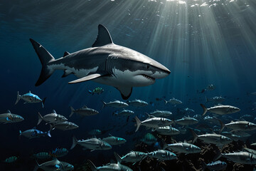 Fototapeta premium Majestic Great White Shark Gliding Through Deep Blue Waters