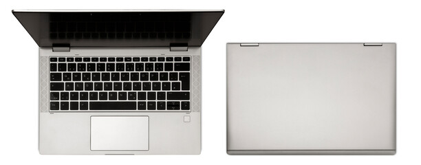 Modern light gray laptop with sleek design, on transparent background. Top view. Cut out computer,...
