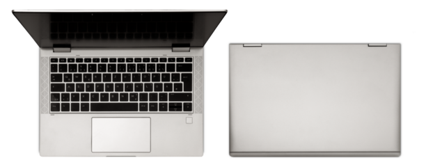 Modern light gray laptop with sleek design, on transparent background. Top view. Cut out computer, notebook with black, blank display and closed. Technology, work from home theme, office equipment..