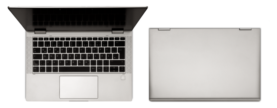Modern light gray laptop with sleek design, on transparent background. Top view. Cut out computer, notebook with black, blank display and closed. Technology, work from home theme, office equipment..