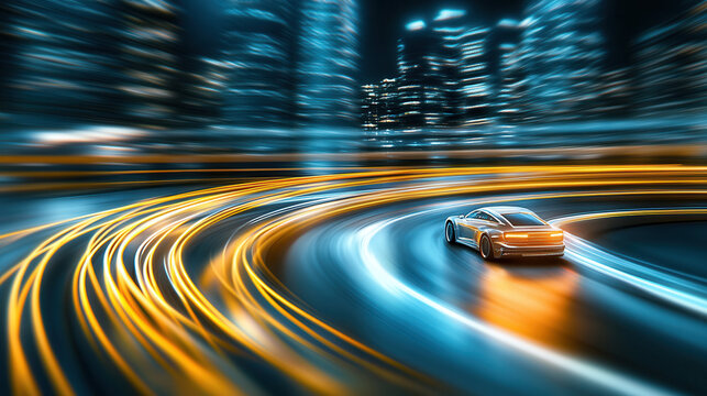 sleek car drifts through neon lit cityscape, leaving trails of light in its wake. vibrant colors and dynamic motion create exhilarating atmosphere