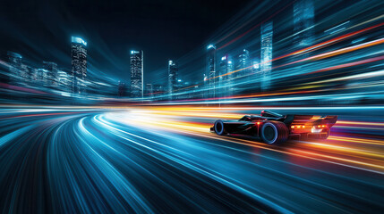 Fototapeta premium sleek racing car speeds through neon lit cityscape, creating vibrant light trails against dark backdrop. dynamic motion evokes excitement and energy