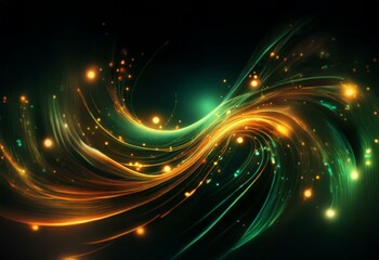 Obraz premium Abstract image of green and orange light streaks swirling on a black background.