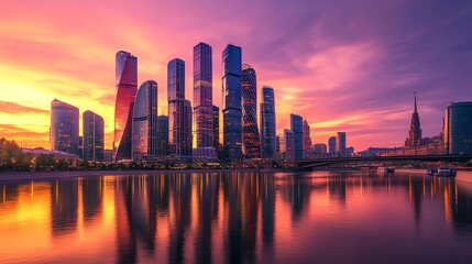 Fototapeta premium Aerial view of a city skyline at dusk with vibrant pink and orange sky.