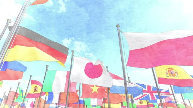 National flags of different countries in a rows on flagpoles. Flags fluttering in the wind. Various colorful flags of countries displayed in a row at an international event, flags, countries, national