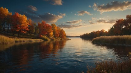 Fototapeta premium Autumn landscape of forest on the shore, sunrise, sunset