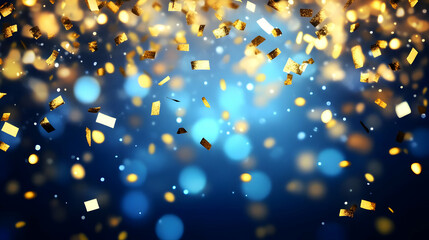 Gold Confetti Falling on Blue Background Illustration