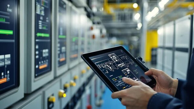 Digital tablet being used for system monitoring in a control room.