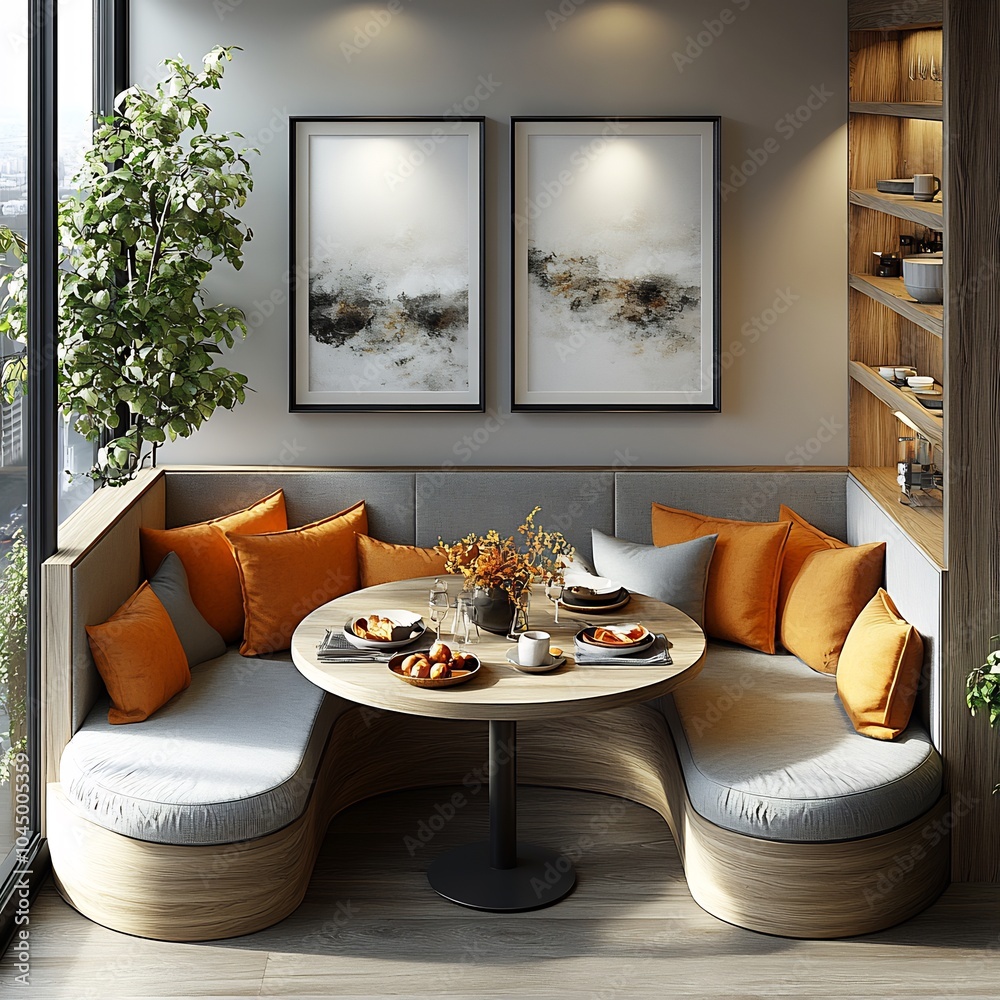 Poster top view 3d render of small dining space with a compact table streamlined seating arrangement and a 