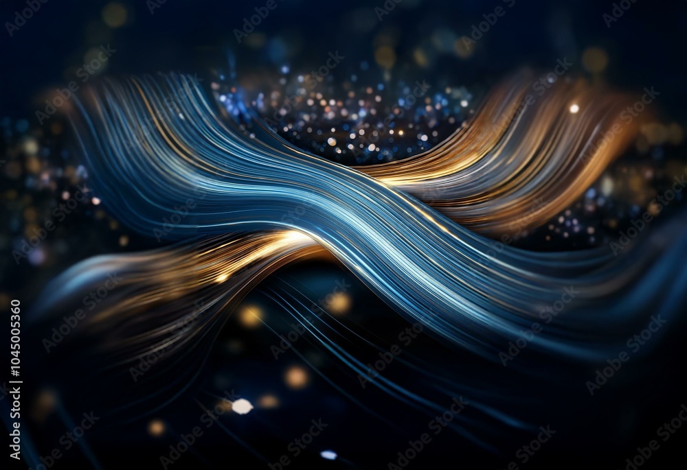 Poster abstract swirling lines in blue and gold with a blurred bokeh background.