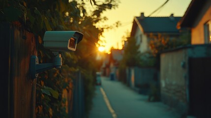 Security camera monitors a quiet alley during sunset, capturing the peaceful atmosphere of the neighborhood in golden light