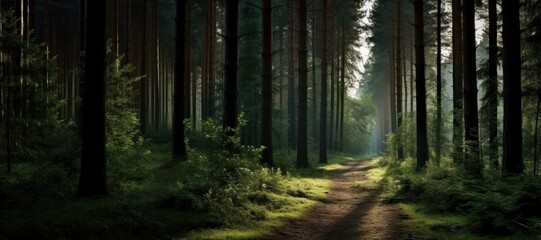 Obraz premium Serene forest path with sunlight