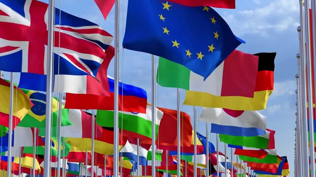 National flags of different countries in a rows on flagpoles. Flags fluttering in the wind. Various colorful flags of countries displayed in a row at an international event, flags, countries, national