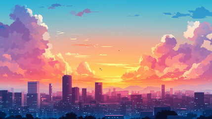 Obraz premium A serene pastel-coloured city skyline at sunset captivating urban tranquility and vibrant evening hues