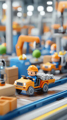 Fototapeta premium Playful miniature construction scene with toy vehicles in a factory setting