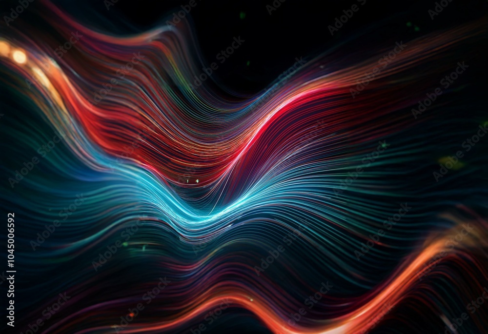 Poster colorful abstract wavy lines streak through a dark background.