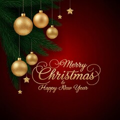 Naklejka premium Golden Christmas ornaments and stars on pine boughs with 