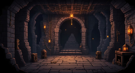 Pixelated 8-bit style dungeon interior with dark stone walls, chains, and eerie glowing runes for a platformer game.