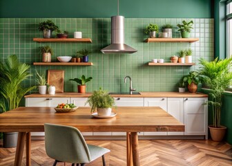 Aerial View of a Cozy Kitchen Featuring Wooden Table, Picture Frame Wall Art Mockup, Potted Plant, and Sage Green Tile Wall in Modern Interior Design
