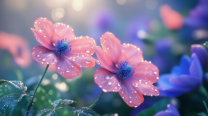 Bright Pink Flowers Covered In Dew Lush Garden At Sunrise