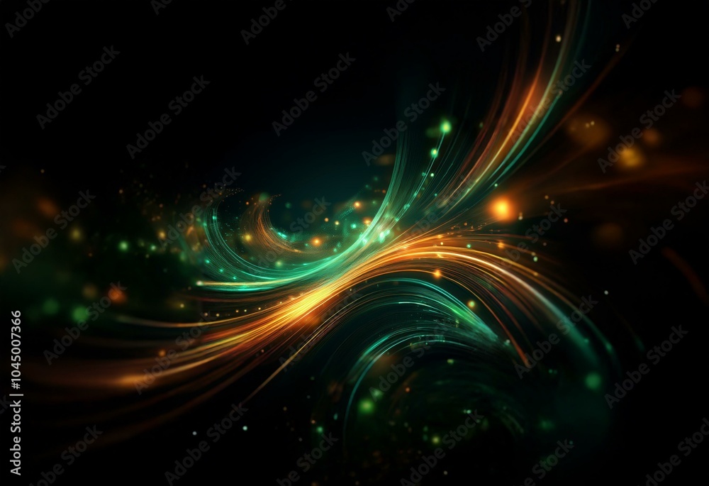 Poster an abstract design of swirling gold and teal streaks on a black background.