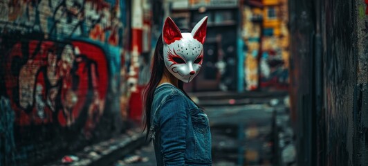 A person wearing a fox mask stands confidently in a vibrant urban alley. Quadrobics, all fours activity and quads subculture concept