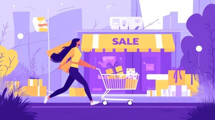 Woman shopping during sale with full cart