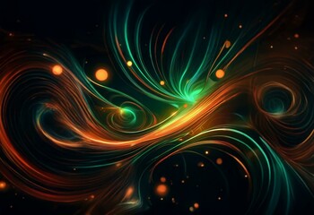 Colorful streaks of light weave and curl against a dark background.
