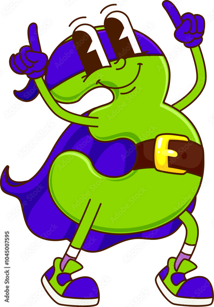Poster cartoon groovy math number three superhero character with expressive and charming smile. isolated ve