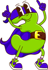 Cartoon groovy math number three superhero character with expressive and charming smile. Isolated vector green digit 3 super hero personage for children books and mathematics education with funky vibe