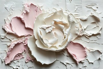 A close-up shot of a white and pink flower created with textured paint, a beautiful and delicate work of art.